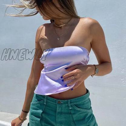 Hnewly Satin Backless Crop Top y2k Women Summer Off Shoulder Bandage Sleeveless Strapless Tank Tops 2000s Aesthetic Tees