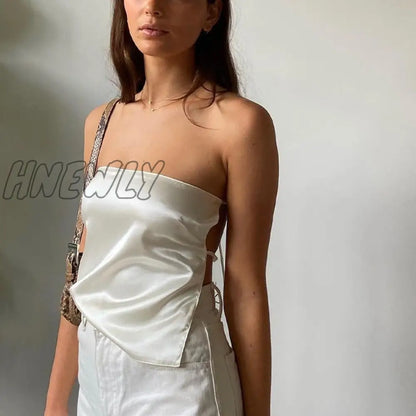 Hnewly Satin Backless Crop Top y2k Women Summer Off Shoulder Bandage Sleeveless Strapless Tank Tops 2000s Aesthetic Tees