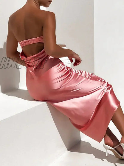 xsrrr Satin Basic Strapless Club Sexy Maxi Dress Backless Slim Hollow Out Women Party Dresses Summer Elegant Vestidos