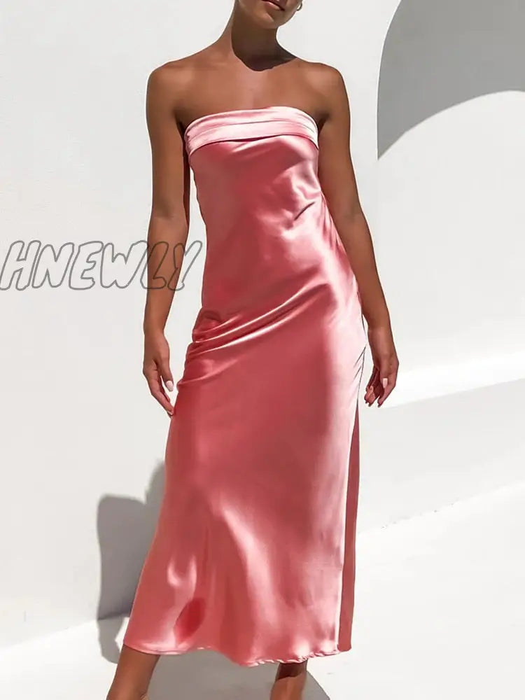 xsrrr Satin Basic Strapless Club Sexy Maxi Dress Backless Slim Hollow Out Women Party Dresses Summer Elegant Vestidos