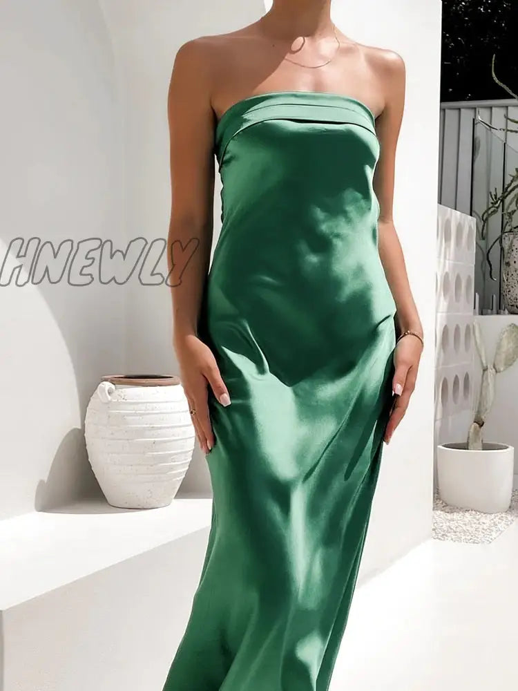 xsrrr Satin Basic Strapless Club Sexy Maxi Dress Backless Slim Hollow Out Women Party Dresses Summer Elegant Vestidos