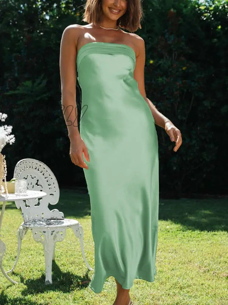 xsrrr Satin Basic Strapless Club Sexy Maxi Dress Backless Slim Hollow Out Women Party Dresses Summer Elegant Vestidos