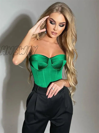 xsrrr Satin Corset Crop Top with Cups Strapless Spring Summer Sexy Off Shoulder Party Sleeveless Bustier Tank Tops Women Trendy Summer Fits