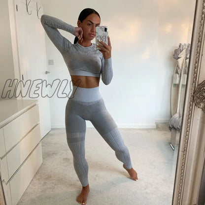 Hnewly Seamless Yoga Set Women Two 2 Piece Long Sleeve Crop Top T-Shirt Leggings Tracksuit Outfit Clothes Gym Wear Sport FitnessWomen Coat for Winter