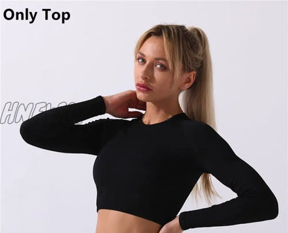 Hnewly Seamless Yoga Set Women Two 2 Piece Long Sleeve Crop Top T-Shirt Leggings Tracksuit Outfit Clothes Gym Wear Sport FitnessWomen Coat for Winter