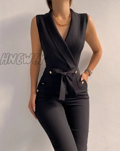 xsrrr Sexy Black Elegant Ladise Office Bodycon Jumpsuit Fashion V Neck Pocket Button Lace-Up Romper For Women Summer Casual Overalls