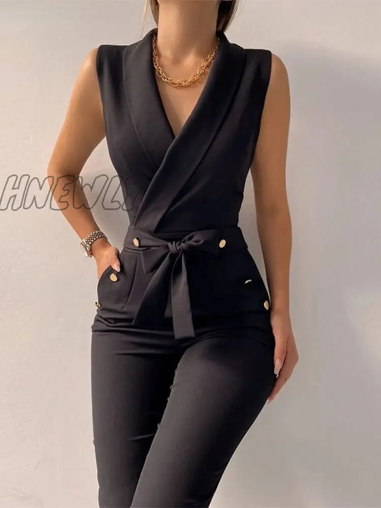 xsrrr Sexy Black Elegant Ladise Office Bodycon Jumpsuit Fashion V Neck Pocket Button Lace-Up Romper For Women Summer Casual Overalls