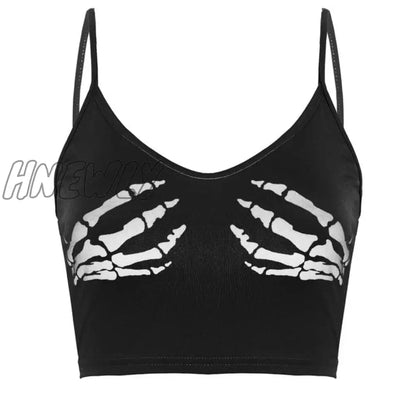 xsrrr Sexy Club Women Summer Crop Top Camis Black Sleeveless Human Skeleton Skull Hand Printed Tights Vest