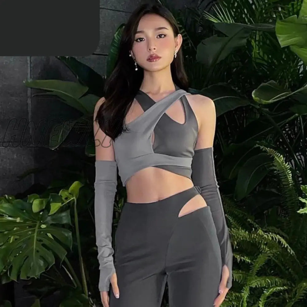 xsrrr Sexy Cut Out Cross Halter Crop Top with Arm Sleeves Cyber Y2k Clothes Streetwear Women Fashion T Shirts Fashion Outfits Summer