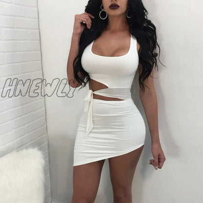 xsrrr Sexy Cutout Club Party Dress Belt Strapless Sleeveless Dress Mini Summer Dress Women's Slim Body Dress