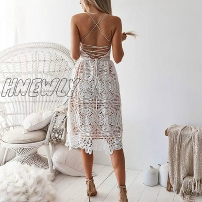 xsrrr Sexy Deep V Neck Backless Lace Dresses Women Vintage Flroal White Summer Dress Boho Ladies Party Vestidos Long Robe