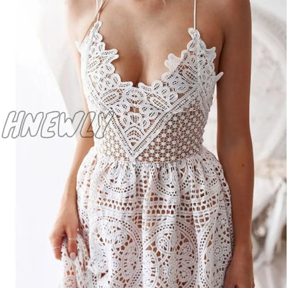 xsrrr Sexy Deep V Neck Backless Lace Dresses Women Vintage Flroal White Summer Dress Boho Ladies Party Vestidos Long Robe