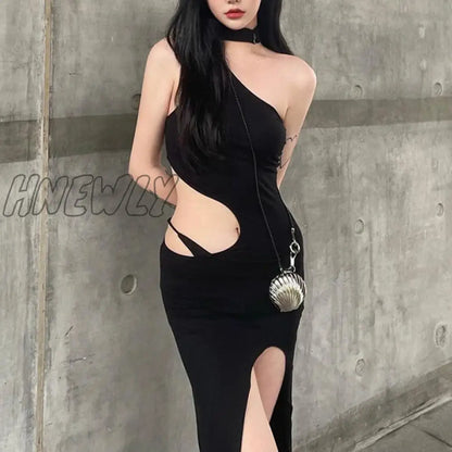 xsrrr Sexy Elegant Long Dress Women Summer Sleeveless Cut Out Irregular High Split Dress Club Sexy Dresses Female