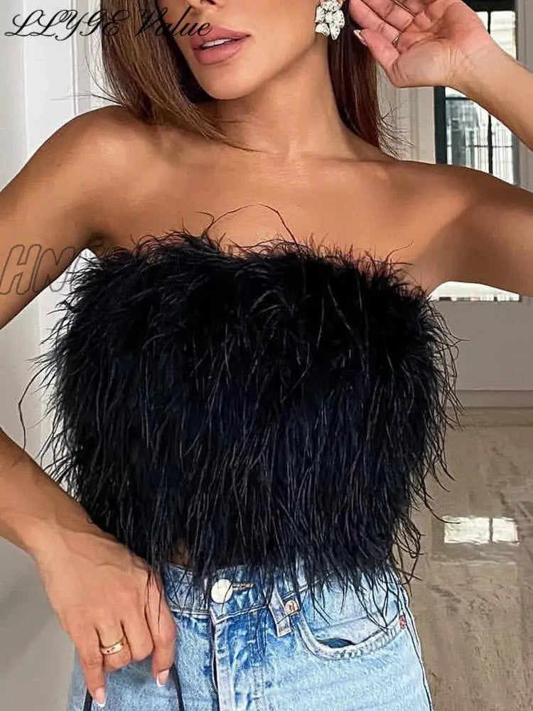 xsrrr Sexy Feather Cropped Tank Top Women Fashion Fluffy Backless Solid Tube Tops Female Spring Summer Lady New Party Club Vest Trendy Summer Fits