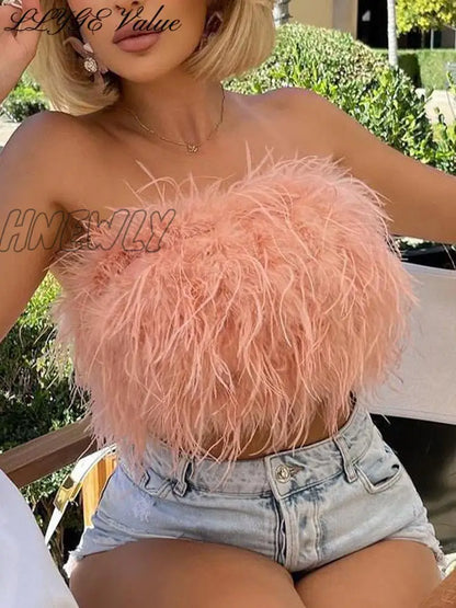 xsrrr Sexy Feather Cropped Tank Top Women Fashion Fluffy Backless Solid Tube Tops Female Spring Summer Lady New Party Club Vest Trendy Summer Fits