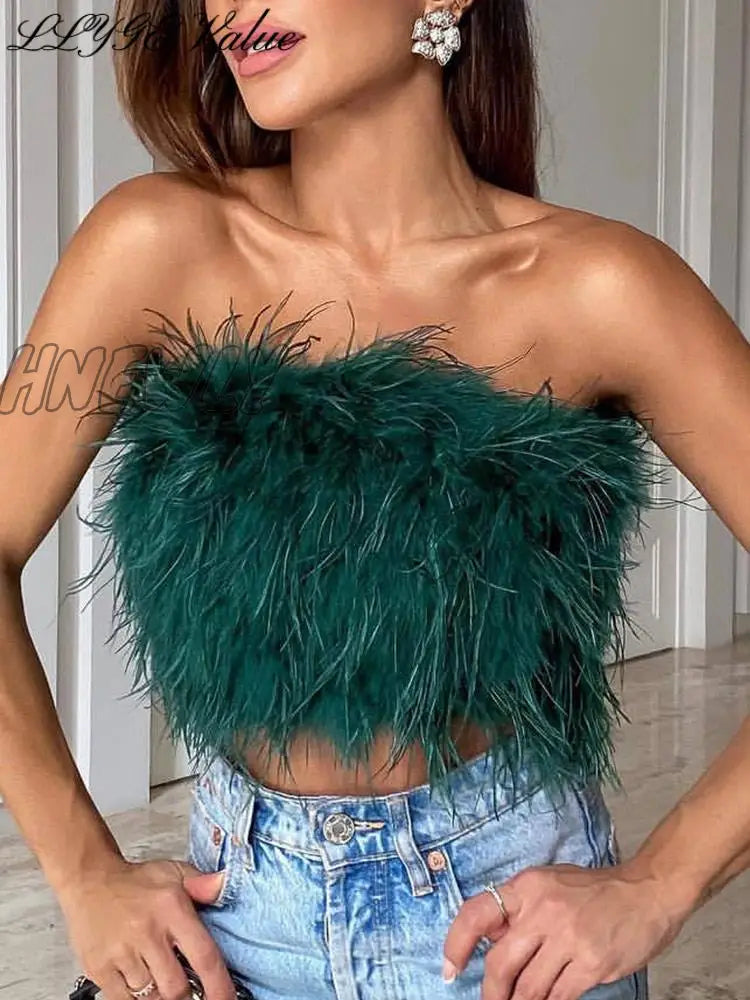 xsrrr Sexy Feather Cropped Tank Top Women Fashion Fluffy Backless Solid Tube Tops Female Spring Summer Lady New Party Club Vest Trendy Summer Fits