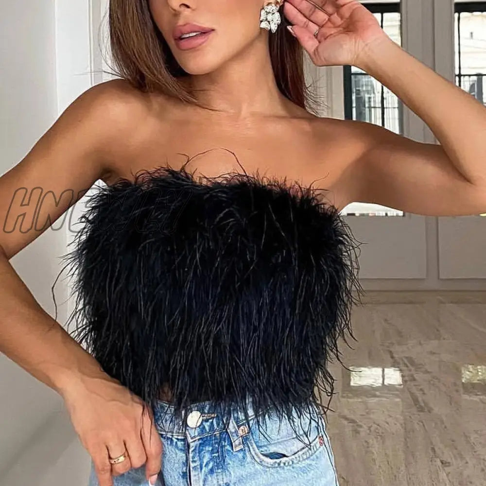 xsrrr Sexy Feather Cropped Tank Top Women Fashion Fluffy Backless Solid Tube Tops Female Spring Summer Lady New Party Club Vest Trendy Summer Fits