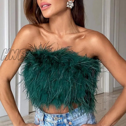 xsrrr Sexy Feather Cropped Tank Top Women Fashion Fluffy Backless Solid Tube Tops Female Spring Summer Lady New Party Club Vest Trendy Summer Fits