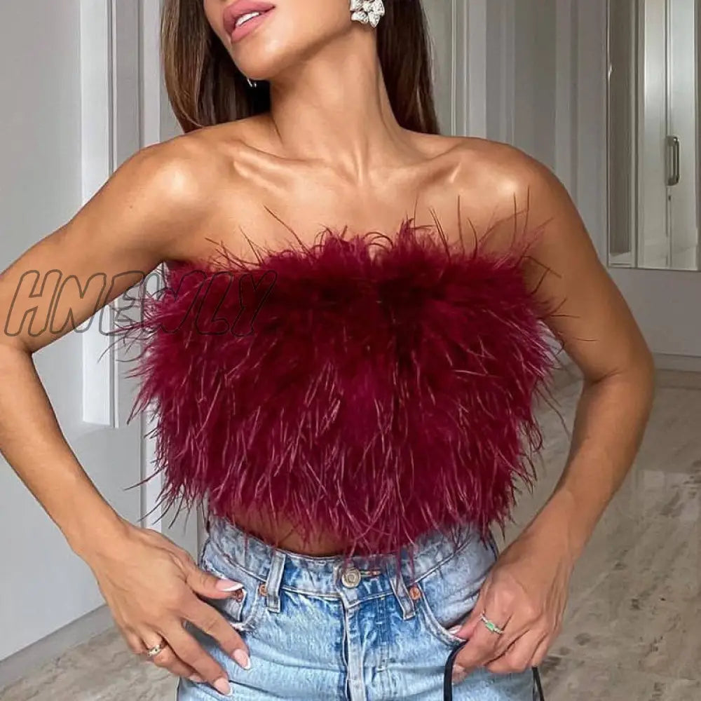 xsrrr Sexy Feather Cropped Tank Top Women Fashion Fluffy Backless Solid Tube Tops Female Spring Summer Lady New Party Club Vest Trendy Summer Fits