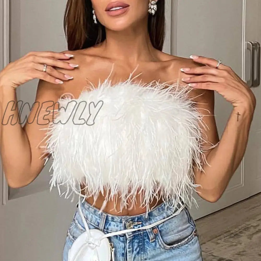 xsrrr Sexy Feather Cropped Tank Top Women Fashion Fluffy Backless Solid Tube Tops Female Spring Summer Lady New Party Club Vest Trendy Summer Fits