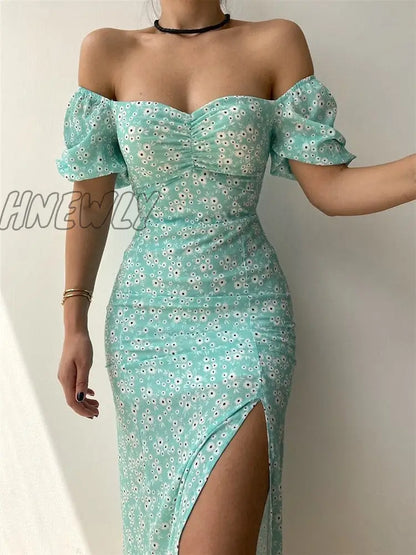 xsrrr Sexy Floral Print Short Sleeve Hip Wrap Party Dress Elegant Off Shoulder Backless Dress New Summer Waist Slit Boho Long Dresses