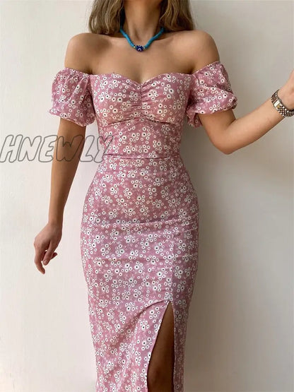 xsrrr Sexy Floral Print Short Sleeve Hip Wrap Party Dress Elegant Off Shoulder Backless Dress New Summer Waist Slit Boho Long Dresses