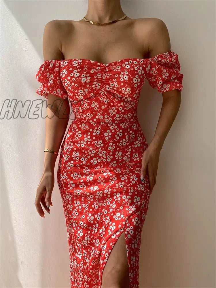 xsrrr Sexy Floral Print Short Sleeve Hip Wrap Party Dress Elegant Off Shoulder Backless Dress New Summer Waist Slit Boho Long Dresses