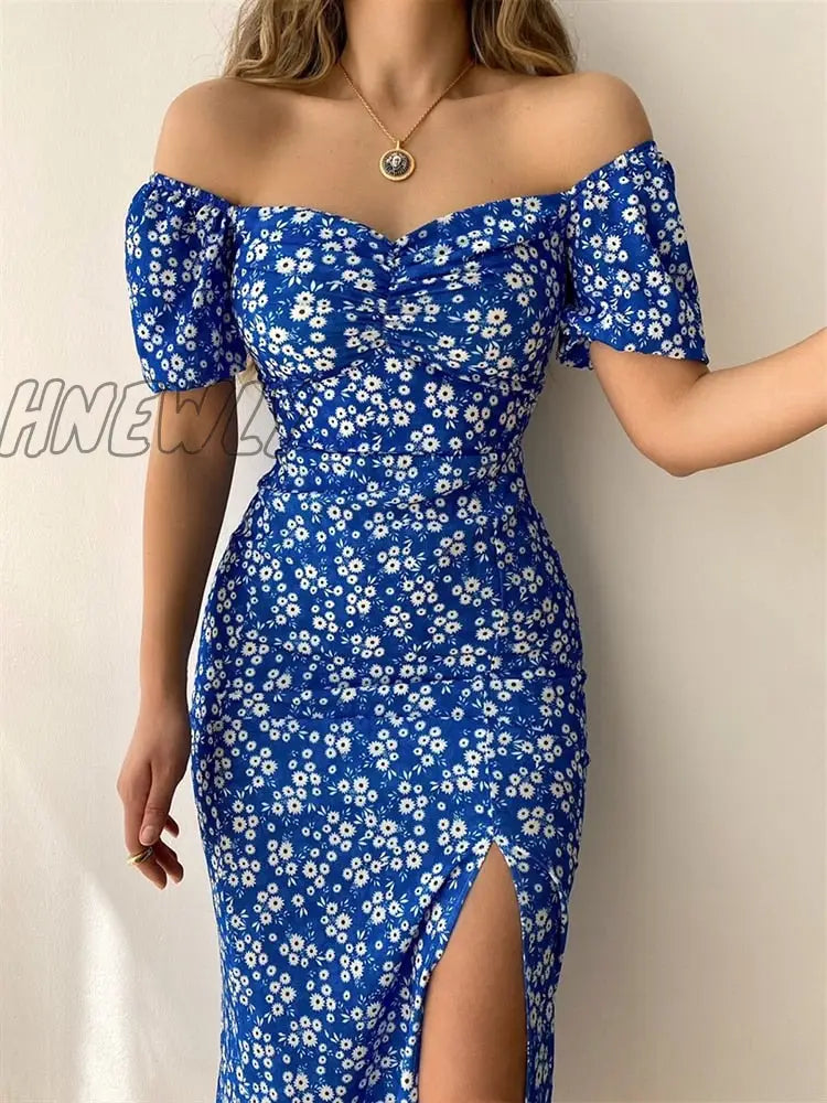 xsrrr Sexy Floral Print Short Sleeve Hip Wrap Party Dress Elegant Off Shoulder Backless Dress New Summer Waist Slit Boho Long Dresses