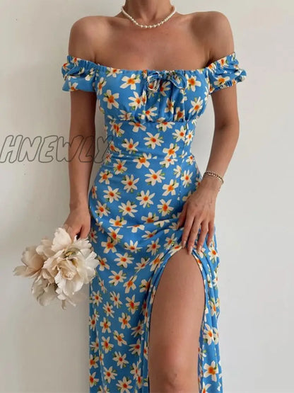 xsrrr Sexy Floral Print Short Sleeve Hip Wrap Party Dress Elegant Off Shoulder Backless Dress New Summer Waist Slit Boho Long Dresses