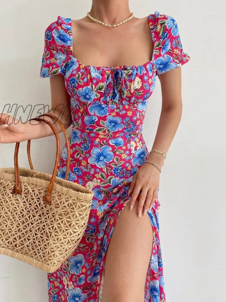 xsrrr Sexy Floral Print Short Sleeve Hip Wrap Party Dress Elegant Off Shoulder Backless Dress New Summer Waist Slit Boho Long Dresses