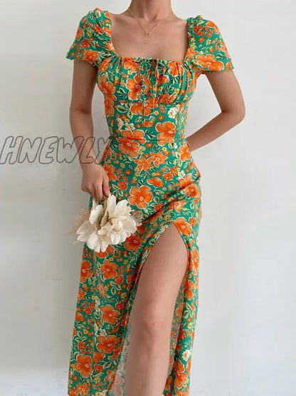 xsrrr Sexy Floral Print Short Sleeve Hip Wrap Party Dress Elegant Off Shoulder Backless Dress New Summer Waist Slit Boho Long Dresses