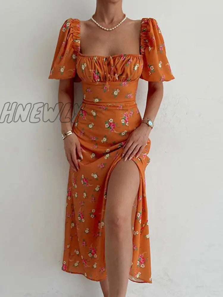 xsrrr Sexy Floral Print Short Sleeve Hip Wrap Party Dress Elegant Off Shoulder Backless Dress New Summer Waist Slit Boho Long Dresses