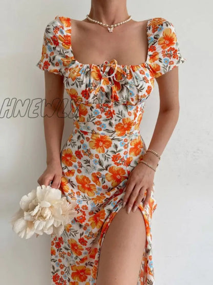 xsrrr Sexy Floral Print Short Sleeve Hip Wrap Party Dress Elegant Off Shoulder Backless Dress New Summer Waist Slit Boho Long Dresses