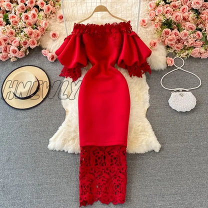 xsrrr Sexy Hollow Out Lace Bodycon Long Dress Women Elegant Red/Pink/White Off Shoulder Patchwork Maxi Party Vestidos Autumn New Prom Dress