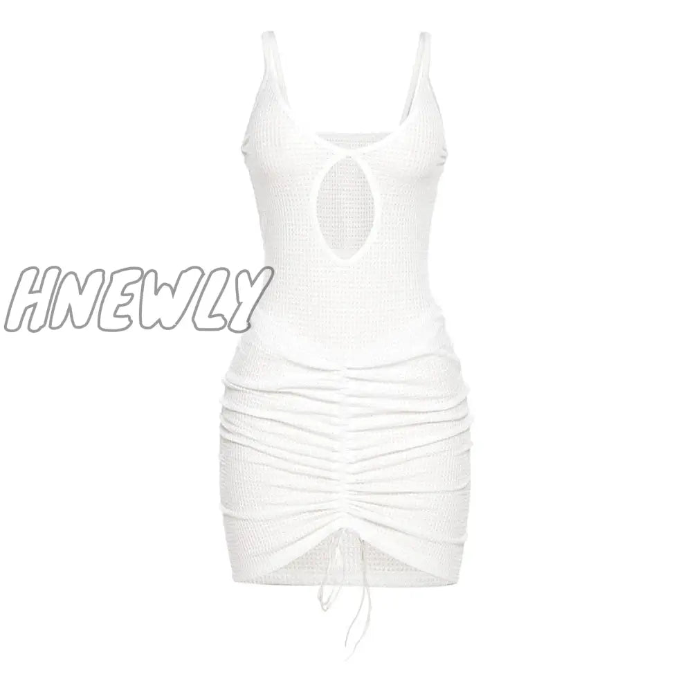 xsrrr Sexy Hollow Out Mini Dress Women Fashion Strap Ruched Bodycon Beach Dresses Summer White See Through Night Club Outfits