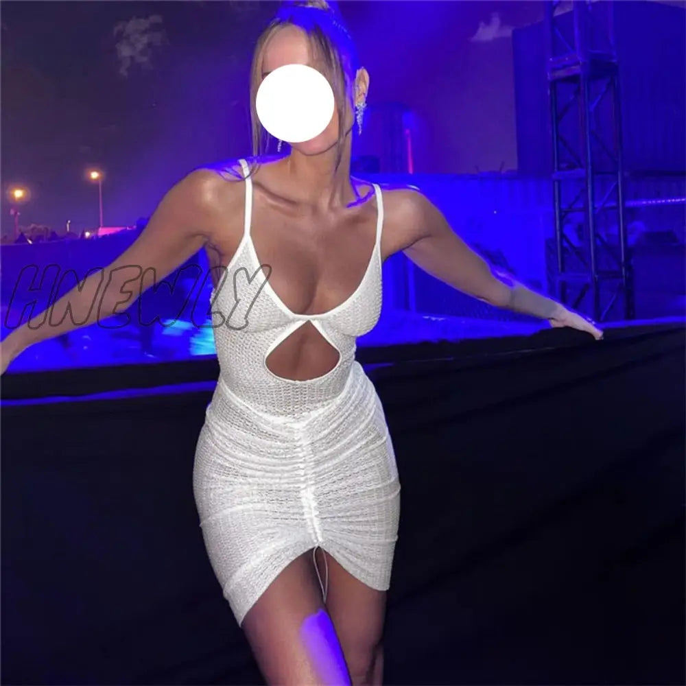 xsrrr Sexy Hollow Out Mini Dress Women Fashion Strap Ruched Bodycon Beach Dresses Summer White See Through Night Club Outfits