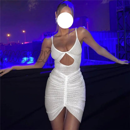 xsrrr Sexy Hollow Out Mini Dress Women Fashion Strap Ruched Bodycon Beach Dresses Summer White See Through Night Club Outfits