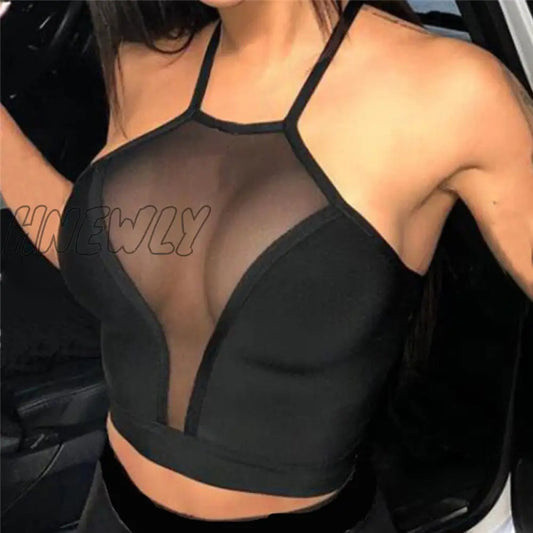 xsrrr Sexy mesh crop top Summer Women Casual Tank Top Vest Blouse Sleeveless Sport Crop Tops Shirt See-through Transparent Crop Top