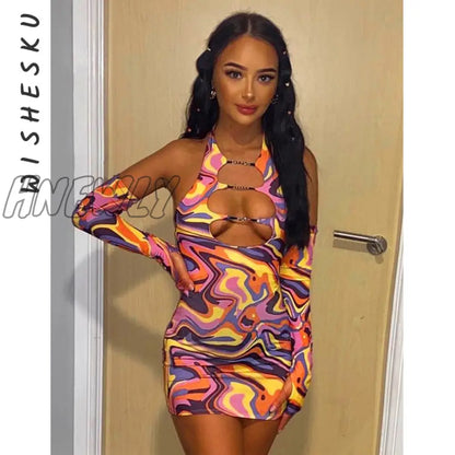 xsrrr Sexy Print Halter Neck Cut Out Bodycon Mini Dress Women Half Sleeve Backless Stretchy Dresses Summer Harajuku Y2K Clothes