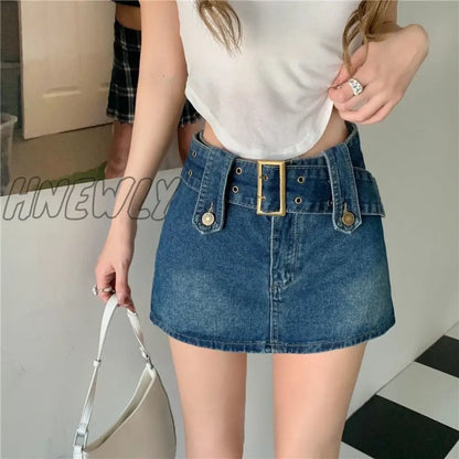 xsrrr Sexy Punk Denim Micro Skirt Women Y2K Skort Summer Korean Belt Low Waist Slim Black Jeans Skirt Shorts Egirl Streetwear