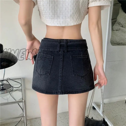 xsrrr Sexy Punk Denim Micro Skirt Women Y2K Skort Summer Korean Belt Low Waist Slim Black Jeans Skirt Shorts Egirl Streetwear