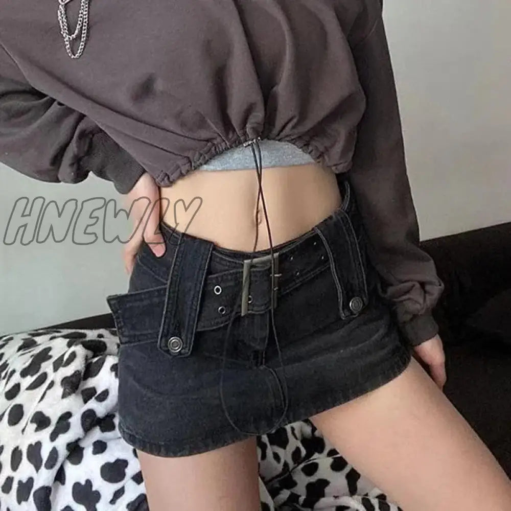 xsrrr Sexy Punk Denim Micro Skirt Women Y2K Skort Summer Korean Belt Low Waist Slim Black Jeans Skirt Shorts Egirl Streetwear