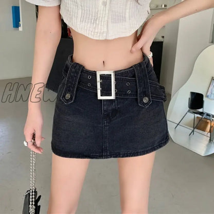 xsrrr Sexy Punk Denim Micro Skirt Women Y2K Skort Summer Korean Belt Low Waist Slim Black Jeans Skirt Shorts Egirl Streetwear