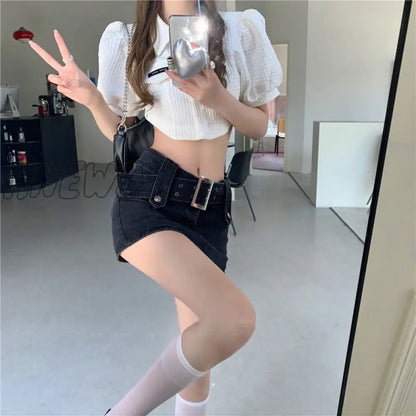 xsrrr Sexy Punk Denim Micro Skirt Women Y2K Skort Summer Korean Belt Low Waist Slim Black Jeans Skirt Shorts Egirl Streetwear