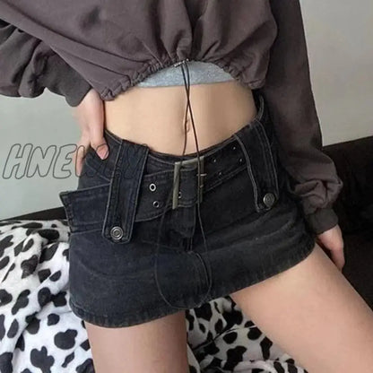 xsrrr Sexy Punk Denim Micro Skirt Women Y2K Skort Summer Korean Belt Low Waist Slim Black Jeans Skirt Shorts Egirl Streetwear