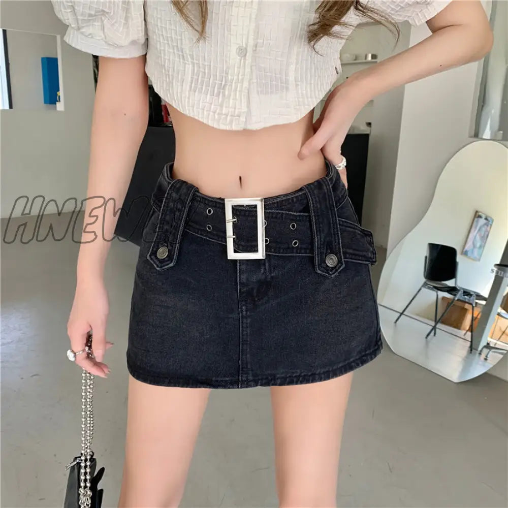 xsrrr Sexy Punk Denim Micro Skirt Women Y2K Skort Summer Korean Belt Low Waist Slim Black Jeans Skirt Shorts Egirl Streetwear