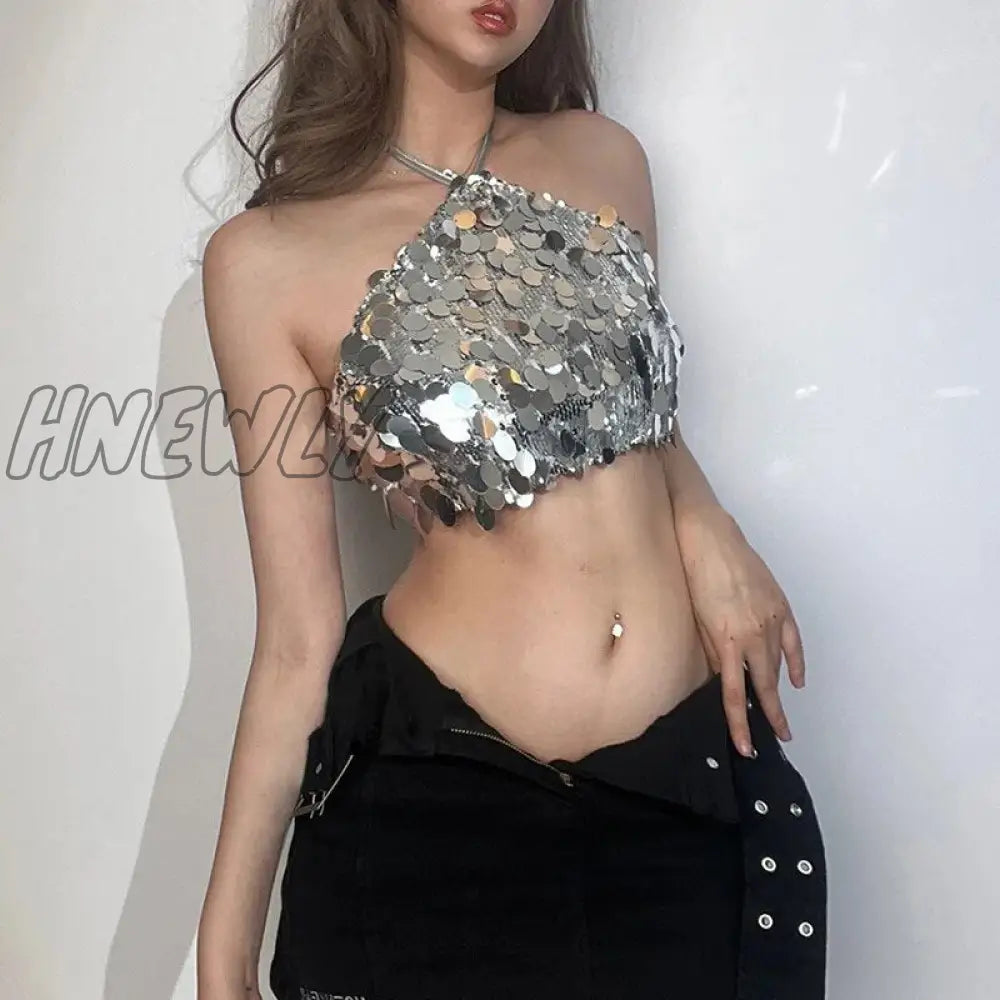 xsrrr Sexy Sequins Crop Top Halter Corset Tube Tops Party Club Outfits Vest Strapless Top Open Back Sliver Glitter Top Women Summer