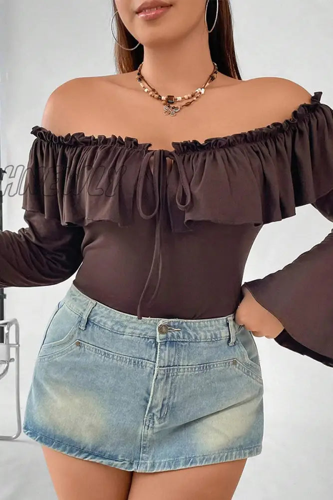 xsrrr - Sexy Solid Flounce Off the Shoulder Plus Size Tops