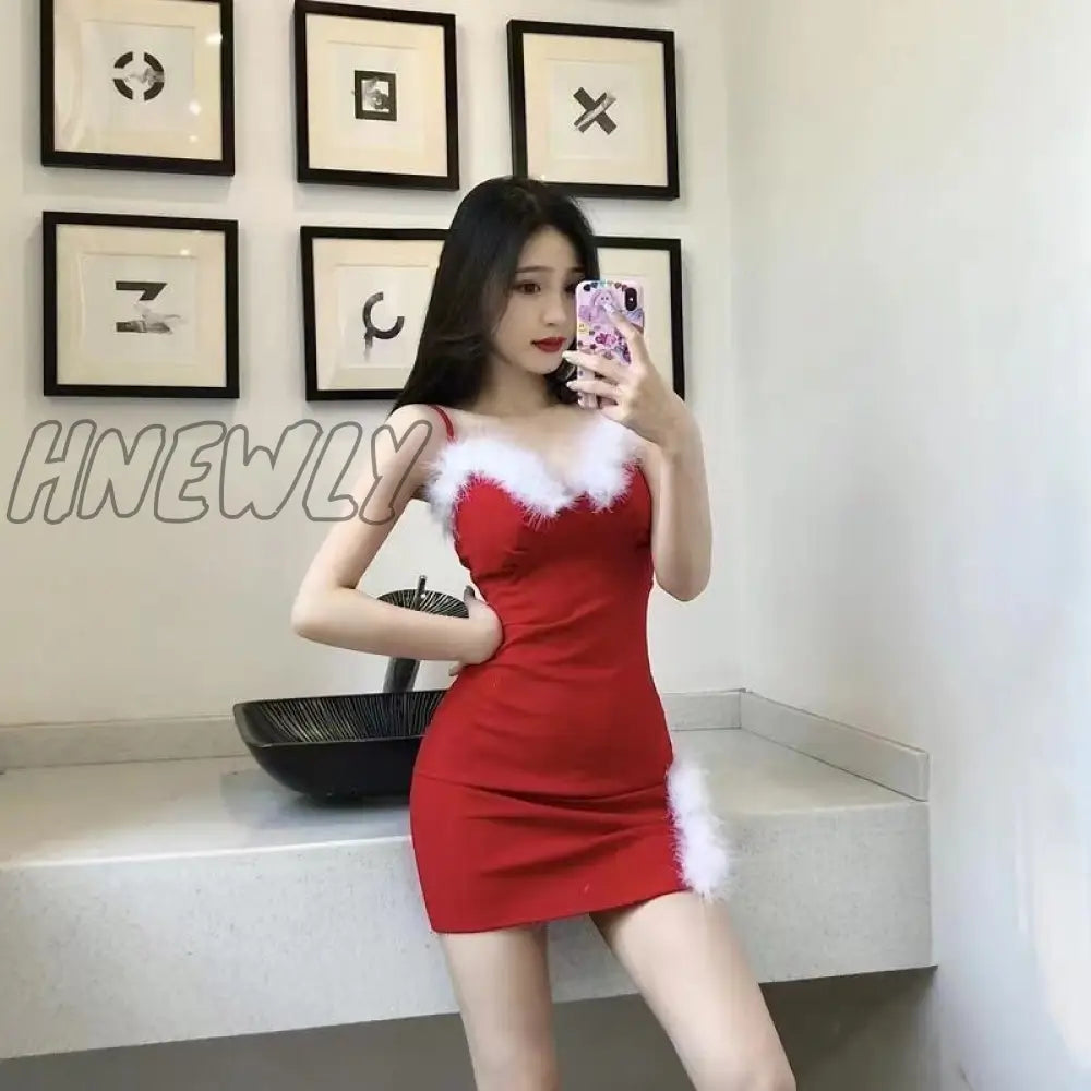 xsrrr Sexy Spaghetti Strap Dress Women Red Christmas Mini Dressses Female Fashion Bodycon Faux Fur Party Night Club Vestidos Mujer