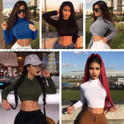 xsrrr Sexy T Shirt Women Long Sleeve Turtleneck Casual Slim Crop Tops Solid Shirt Skinny Clubwear Short Top Spring Outfits Trends